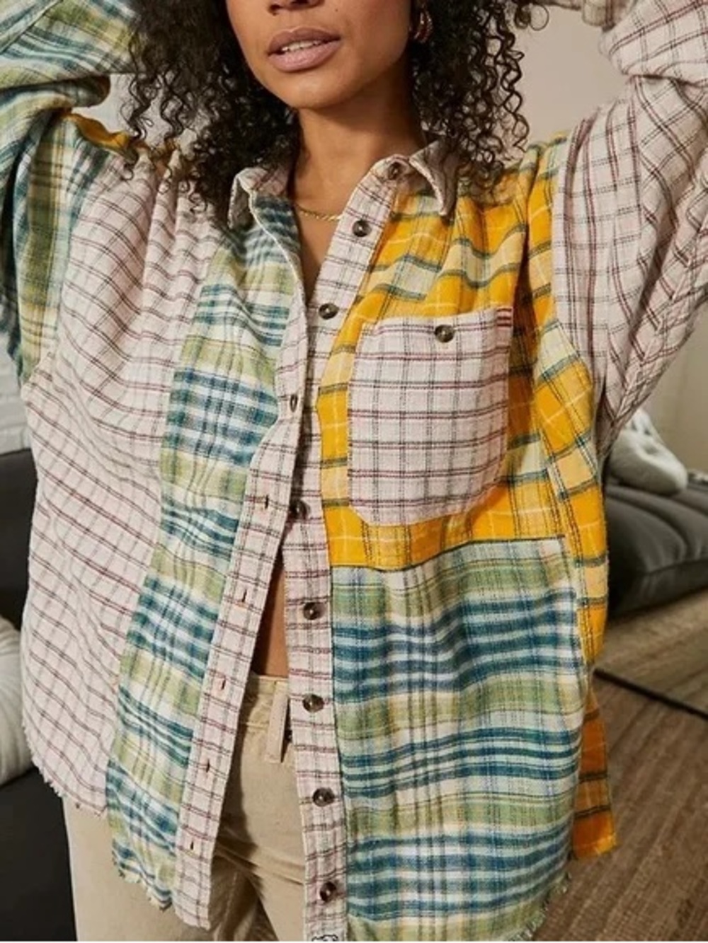 URBAN OUTFITTERS BDG Ted Patchwork Flannel - Yellow, Green, Blue, Pink Multi